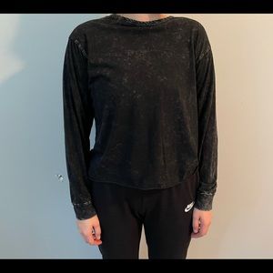 Caution to the wind black long sleeve shirt with white distressed splotches